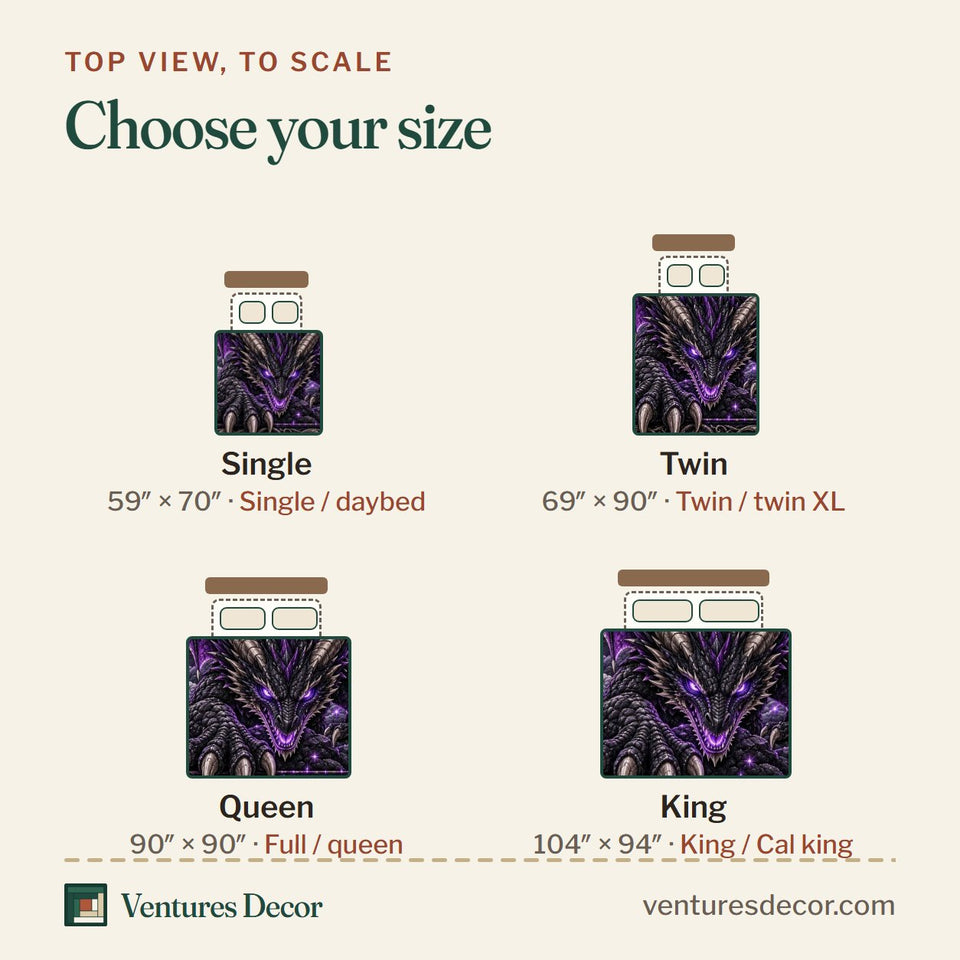 Size guide for the Shadow Eclipse Dragon quilt, top view to scale: Single 59 x 70 in, Twin 69 x 90 in, Queen 90 x 90 in, King 104 x 94 in