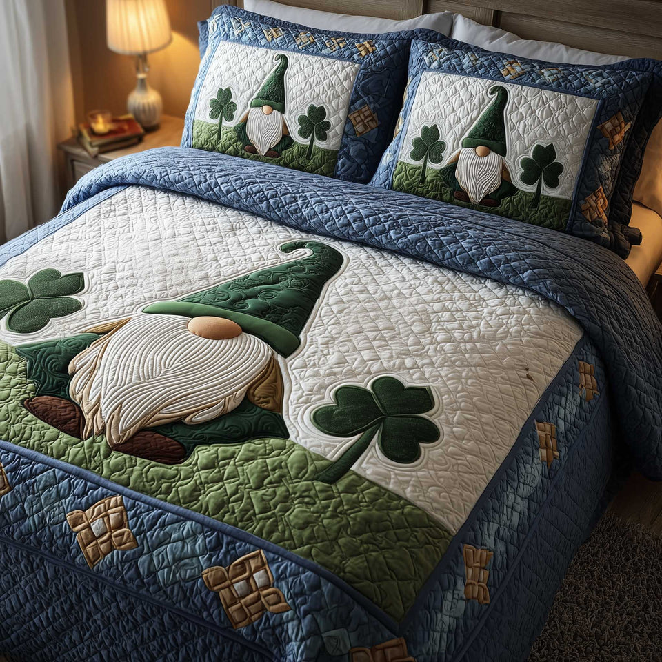 Shamrock Gnome Blue Patchwork Green Hat quilted bedding set, quilt and two pillow shams on a made bed