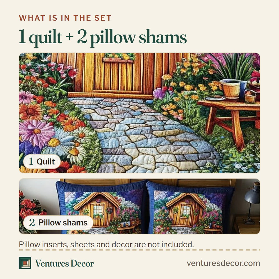 What is in the set: one quilt and two pillow shams, shown in the Shed Bliss design