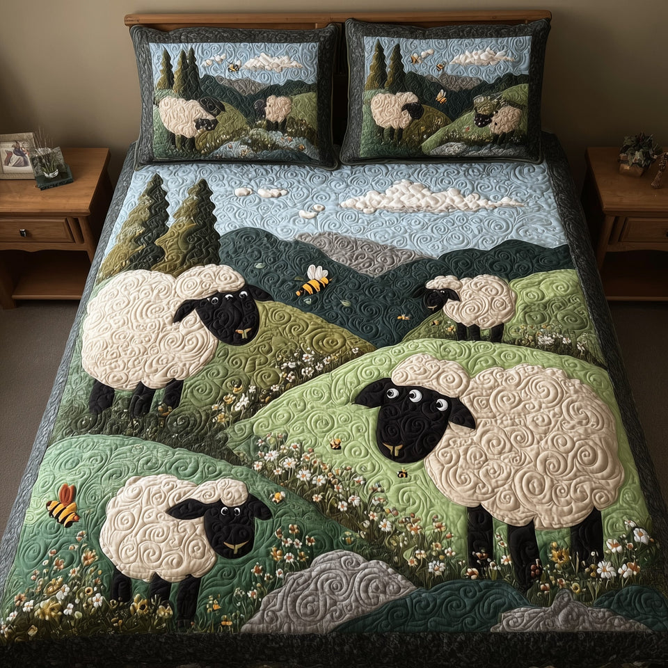 Sheep Mountain Lone Sheep Daisies quilted bedding set, quilt and two pillow shams on a made bed