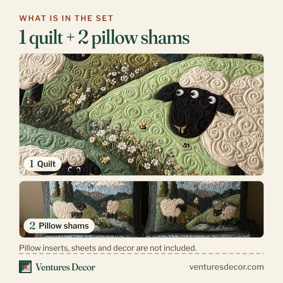 What is in the set: one quilt and two pillow shams, shown in the Sheep Mountain Lone Sheep Daisies design