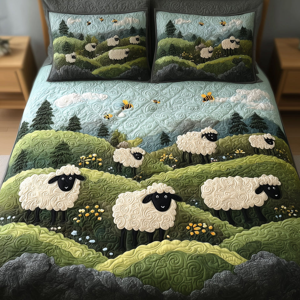 Sheep Mountain Pale Sky Rolling Hills quilted bedding set, quilt and two pillow shams on a made bed