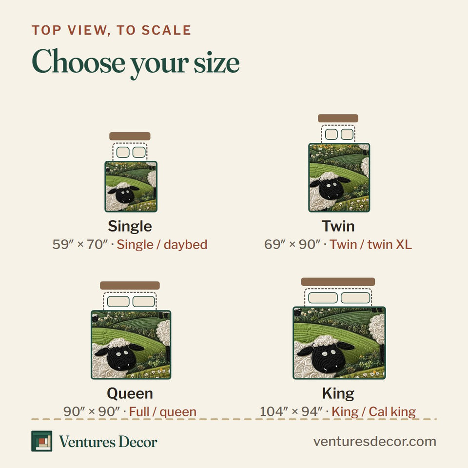 Size guide for the Sheep Mountain Twin Barns Terraces quilt, top view to scale: Single 59 x 70 in, Twin 69 x 90 in, Queen 90 x 90 in, King 104 x 94 in
