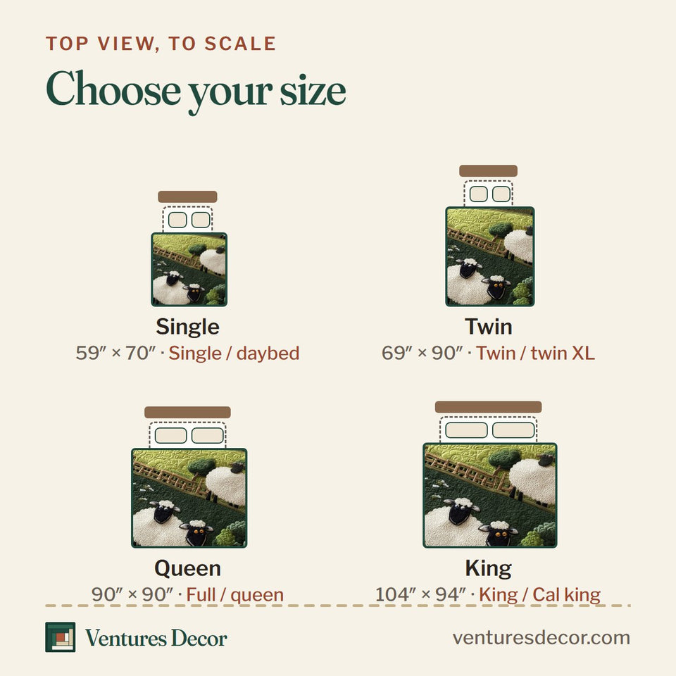 Size guide for the Sheep Mountain Winding Stone Path quilt, top view to scale: Single 59 x 70 in, Twin 69 x 90 in, Queen 90 x 90 in, King 104 x 94 in
