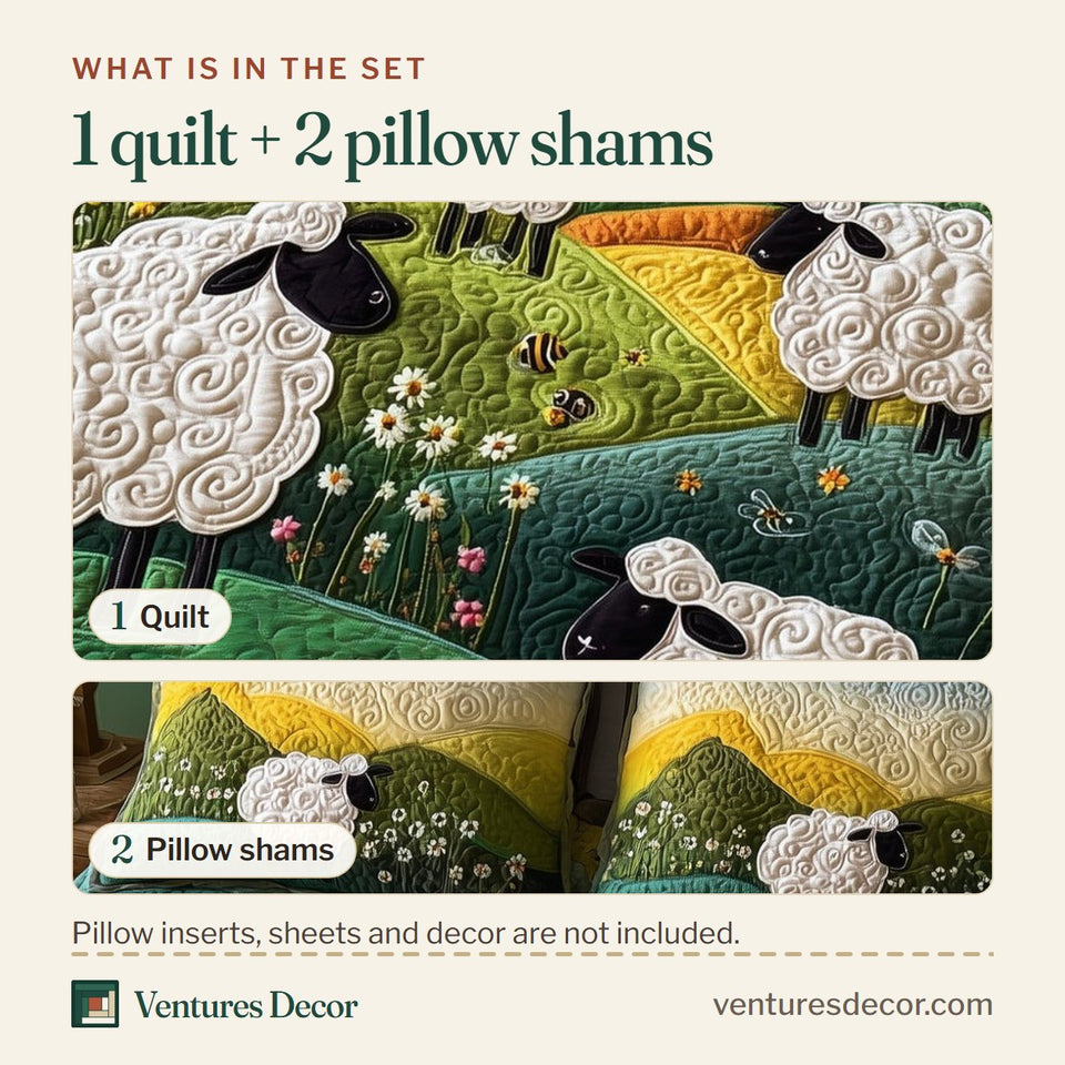 What is in the set: one quilt and two pillow shams, shown in the Sheep Mountain Yellow Hills Wildflowers design