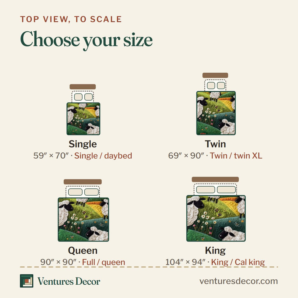 Size guide for the Sheep Mountain Yellow Hills Wildflowers quilt, top view to scale: Single 59 x 70 in, Twin 69 x 90 in, Queen 90 x 90 in, King 104 x 94 in
