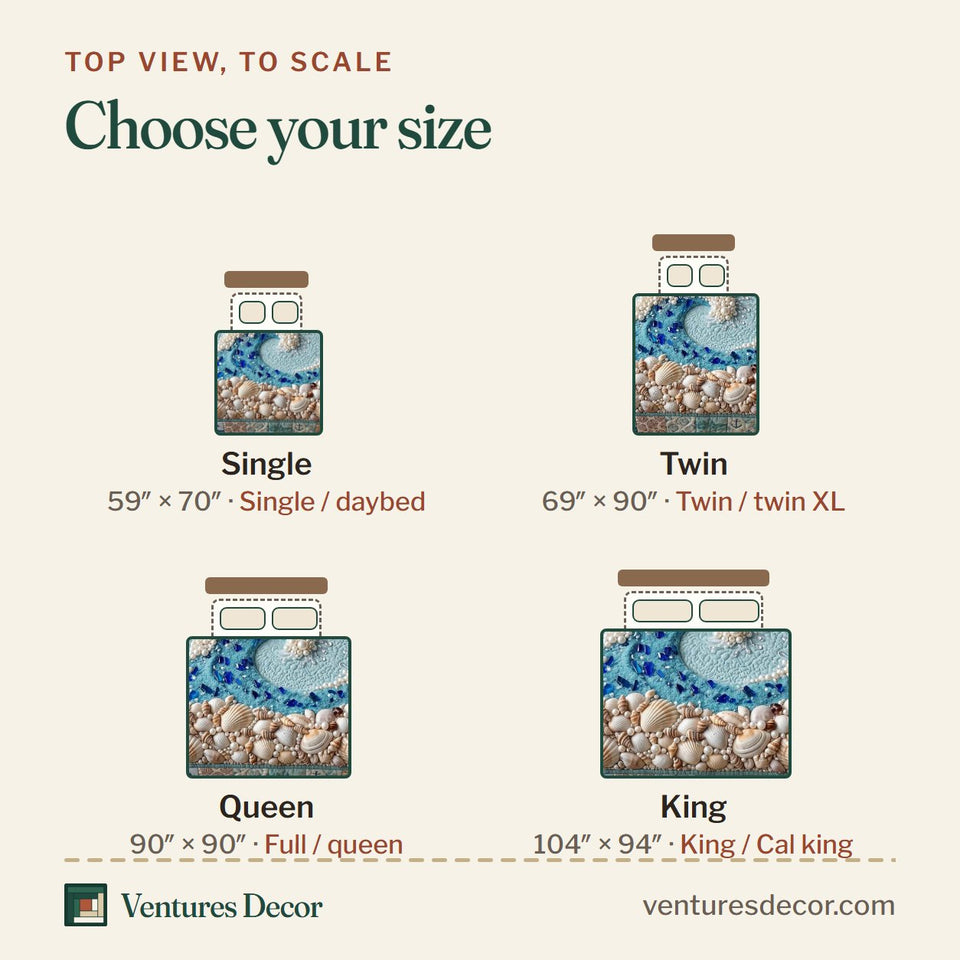 Size guide for the Shell Crest Wave quilt, top view to scale: Single 59 x 70 in, Twin 69 x 90 in, Queen 90 x 90 in, King 104 x 94 in