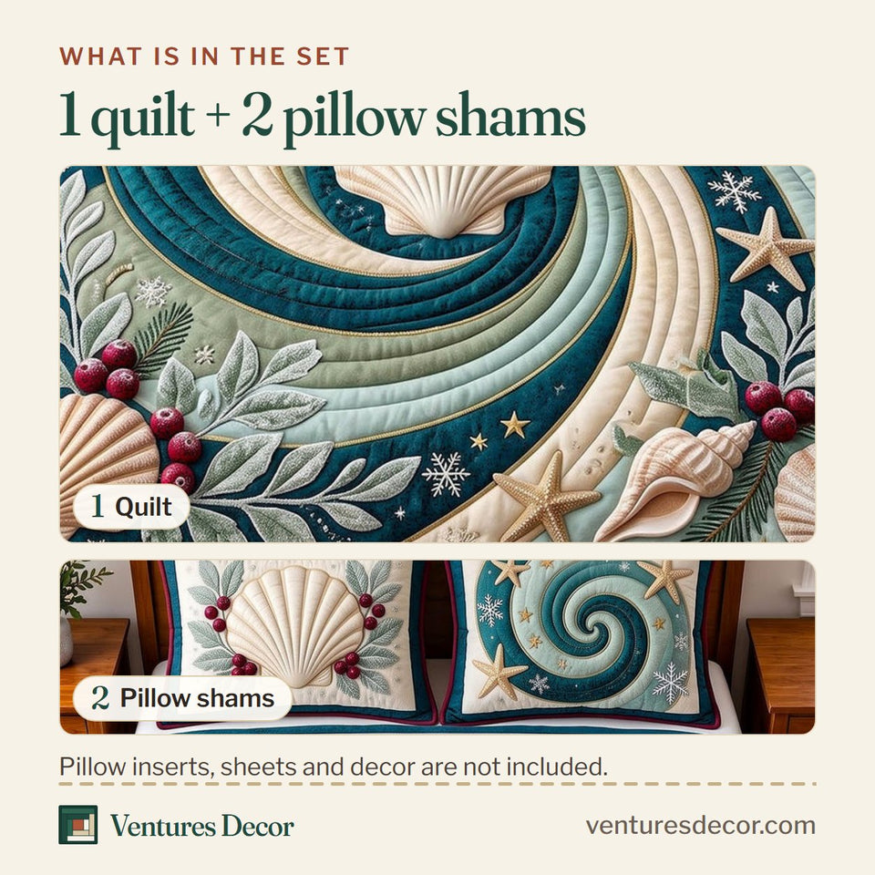 What is in the set: one quilt and two pillow shams, shown in the Shell Wave design