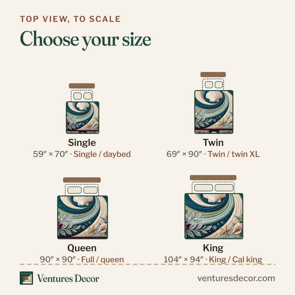 Size guide for the Shell Wave quilt, top view to scale: Single 59 x 70 in, Twin 69 x 90 in, Queen 90 x 90 in, King 104 x 94 in