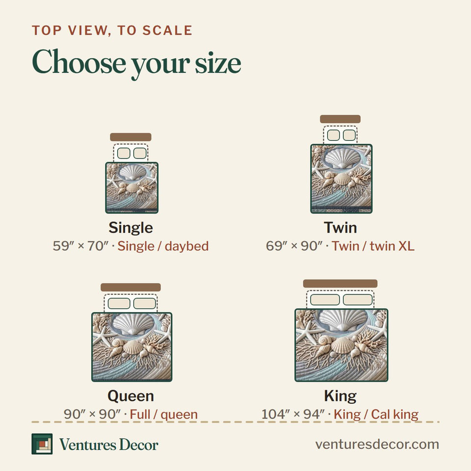 Size guide for the Shell Wreath Shoreline quilt, top view to scale: Single 59 x 70 in, Twin 69 x 90 in, Queen 90 x 90 in, King 104 x 94 in