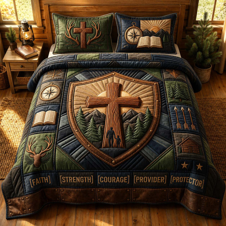 Shield Father quilted bedding set, quilt and two pillow shams on a made bed
