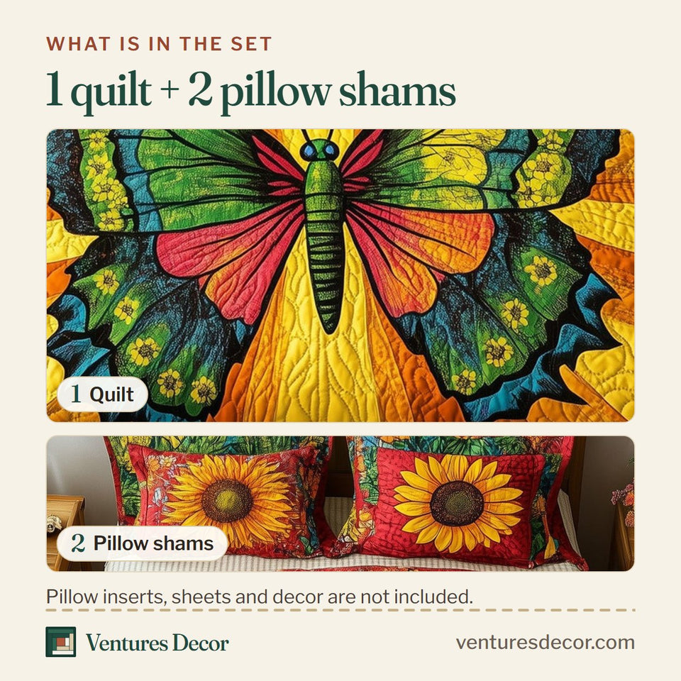 What is in the set: one quilt and two pillow shams, shown in the Shining Butterfly Emerald Wings Yellow Rays design