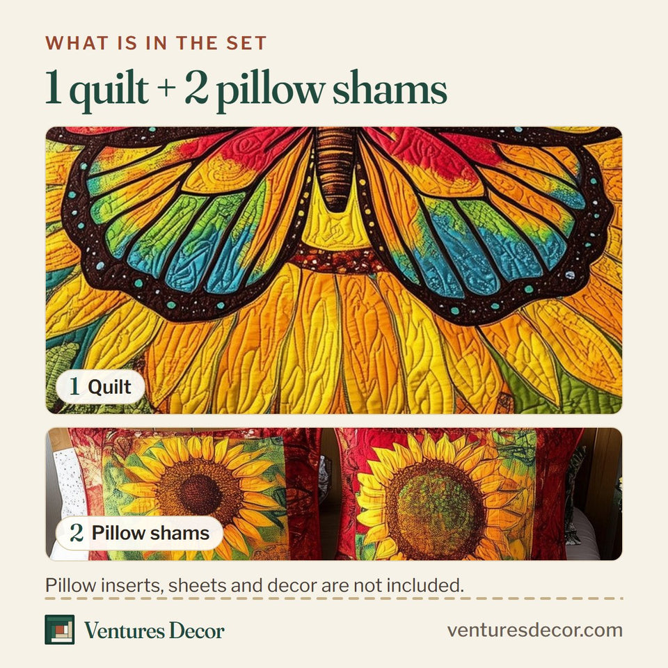 What is in the set: one quilt and two pillow shams, shown in the Shining Butterfly Rainbow Wings on Sunflower design