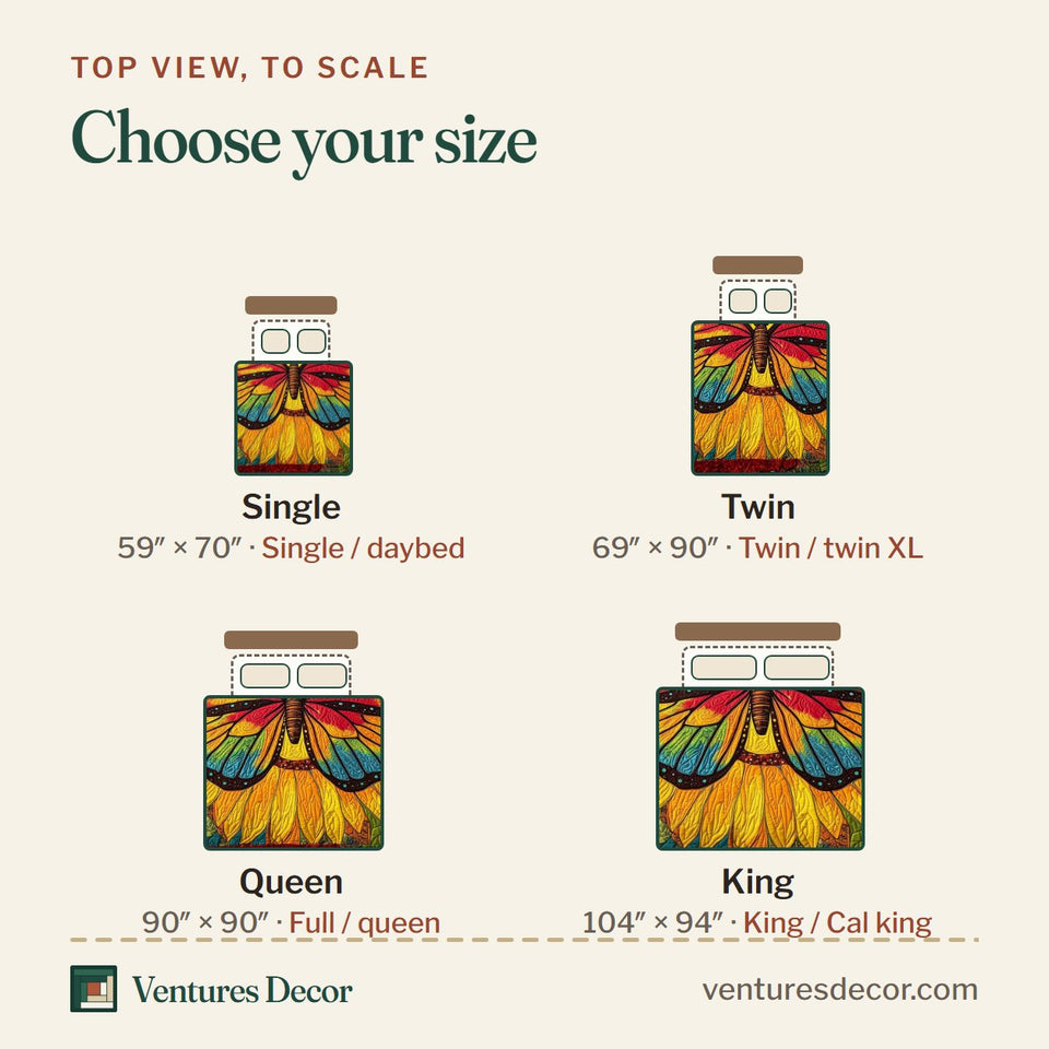 Size guide for the Shining Butterfly Rainbow Wings on Sunflower quilt, top view to scale: Single 59 x 70 in, Twin 69 x 90 in, Queen 90 x 90 in, King 104 x 94 in