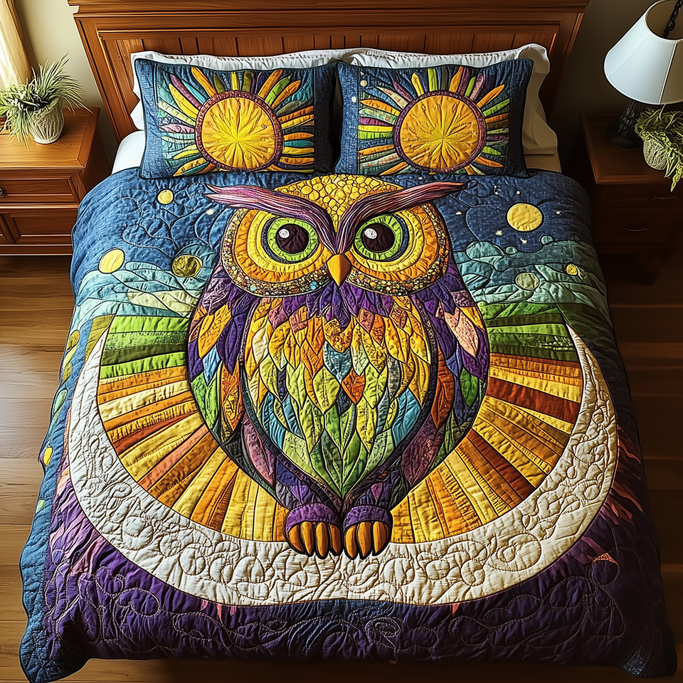 Shining Owl Twin Suns on Midnight quilted bedding set, quilt and two pillow shams on a made bed