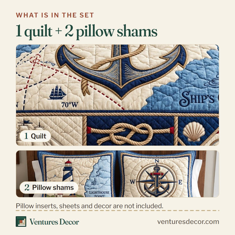 What is in the set: one quilt and two pillow shams, shown in the Ship Chart design