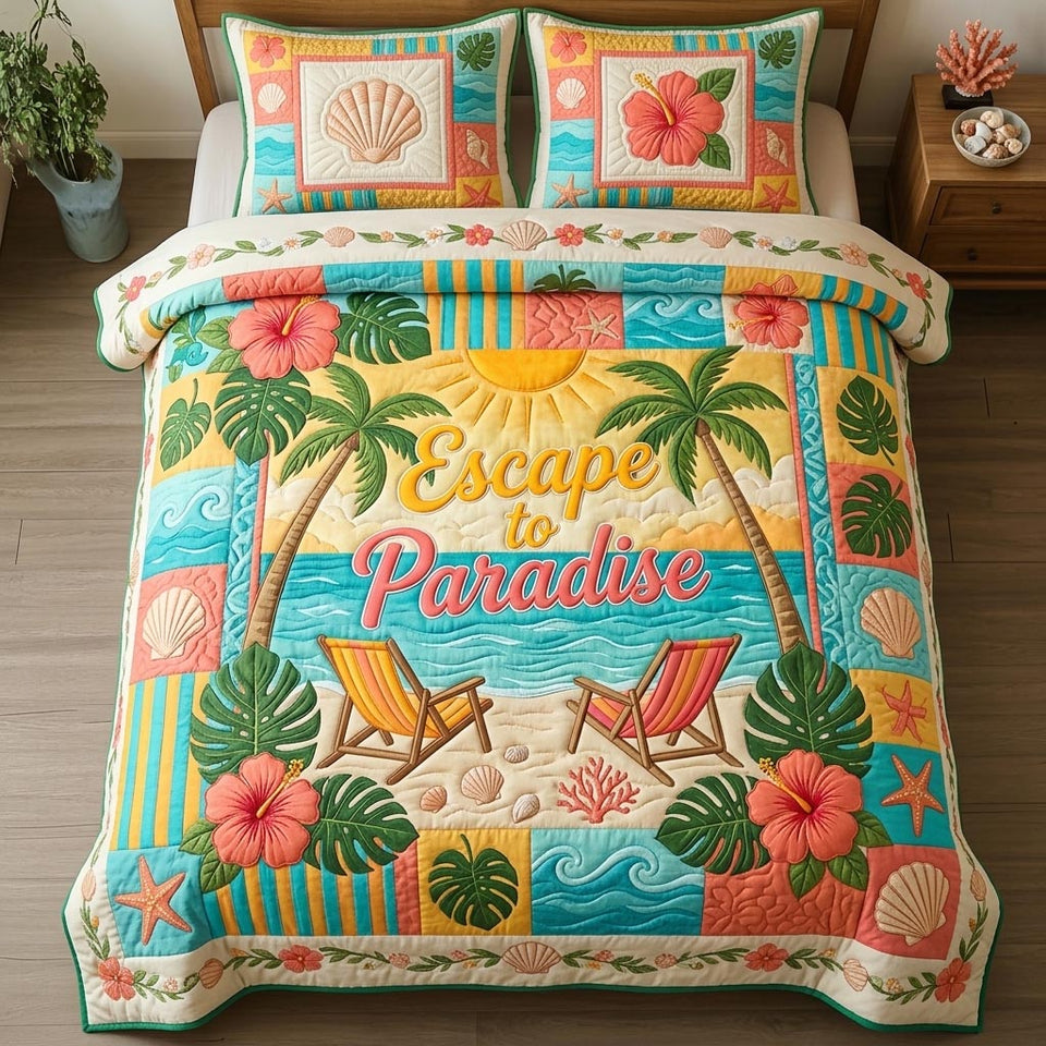 Shoreline Gems Escape to Paradise Beach quilted bedding set, quilt and two pillow shams on a made bed