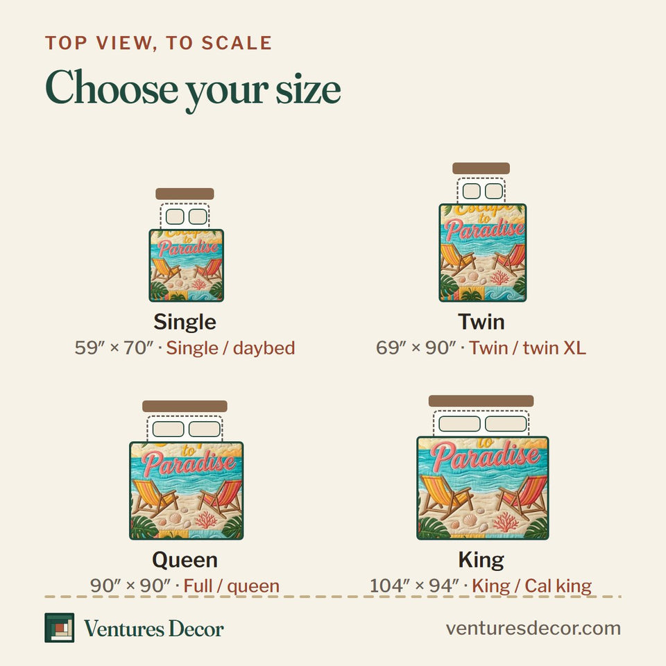 Size guide for the Shoreline Gems Escape to Paradise Beach quilt, top view to scale: Single 59 x 70 in, Twin 69 x 90 in, Queen 90 x 90 in, King 104 x 94 in