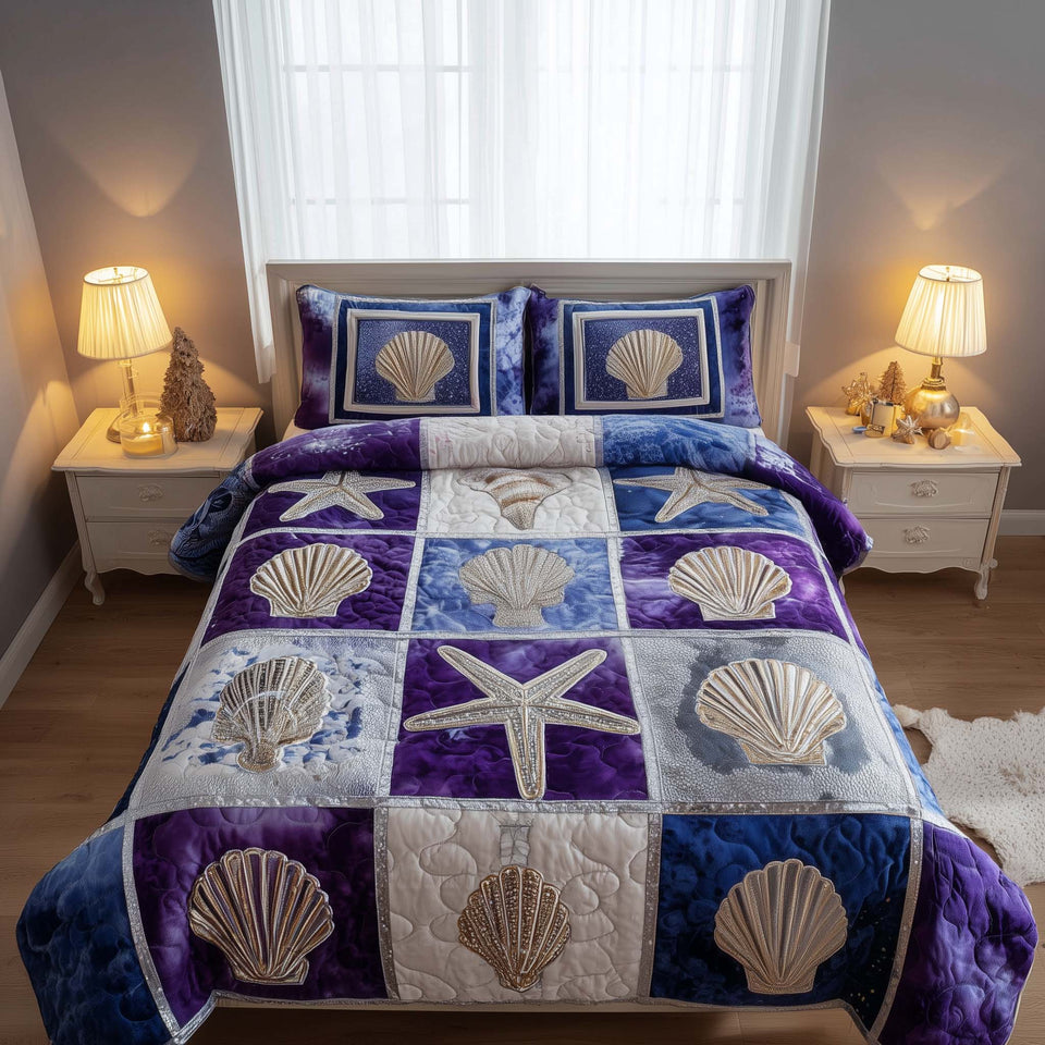 Shoreline Gems Purple and White Squares quilted bedding set, quilt and two pillow shams on a made bed