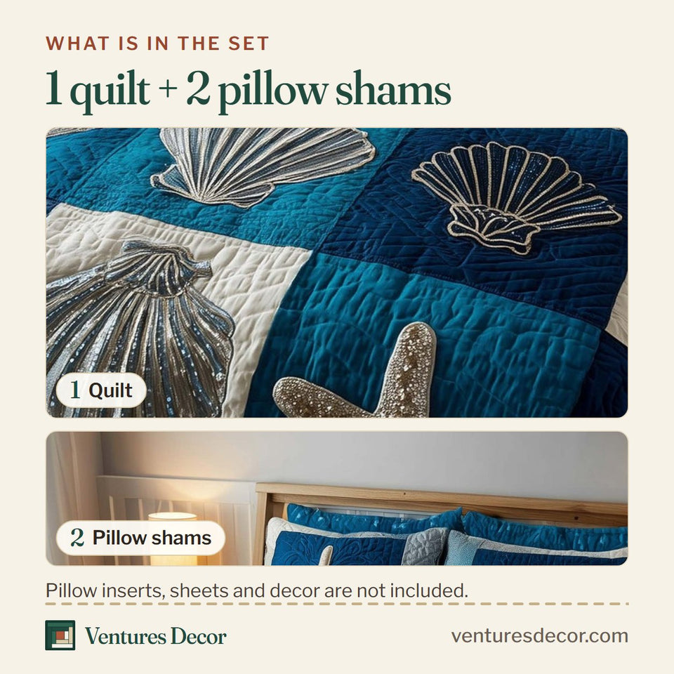 What is in the set: one quilt and two pillow shams, shown in the Shoreline Gems Teal and Navy Shell Blocks design