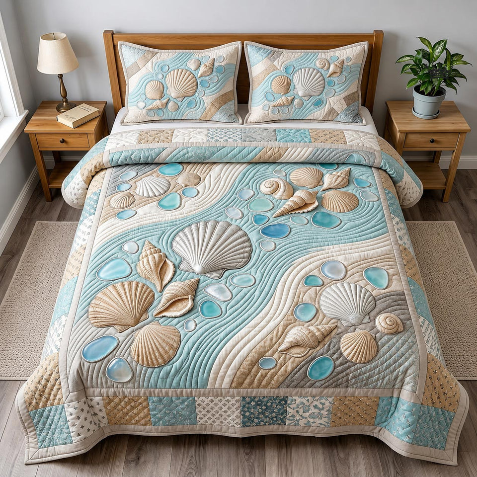 Shoreline Whisper quilted bedding set, quilt and two pillow shams on a made bed