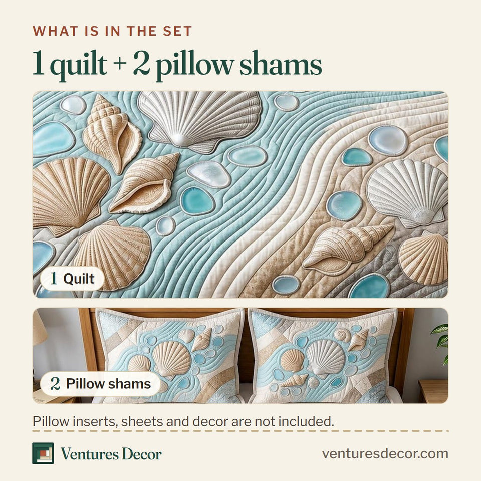 What is in the set: one quilt and two pillow shams, shown in the Shoreline Whisper design