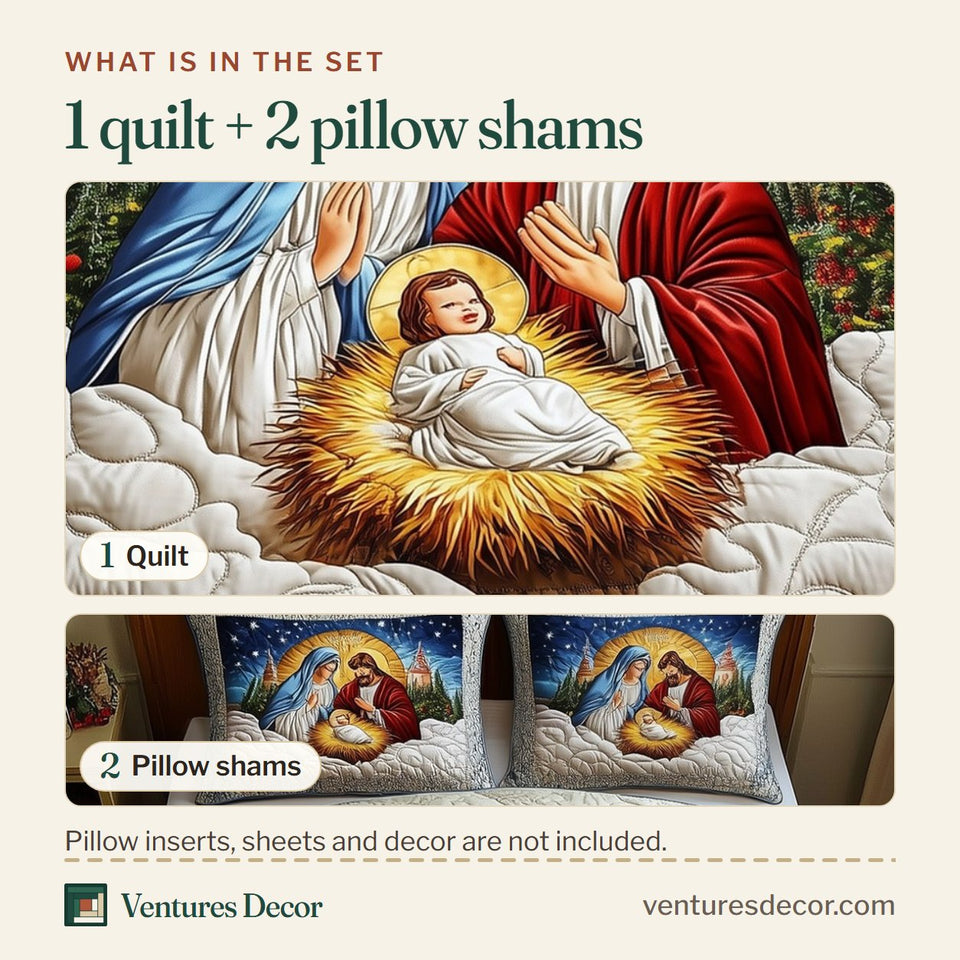 What is in the set: one quilt and two pillow shams, shown in the Silent Night Nativity Christmas design