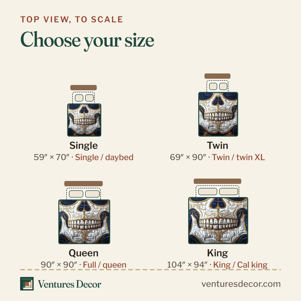 Size guide for the Silver Skull Navy Scrolls quilt, top view to scale: Single 59 x 70 in, Twin 69 x 90 in, Queen 90 x 90 in, King 104 x 94 in