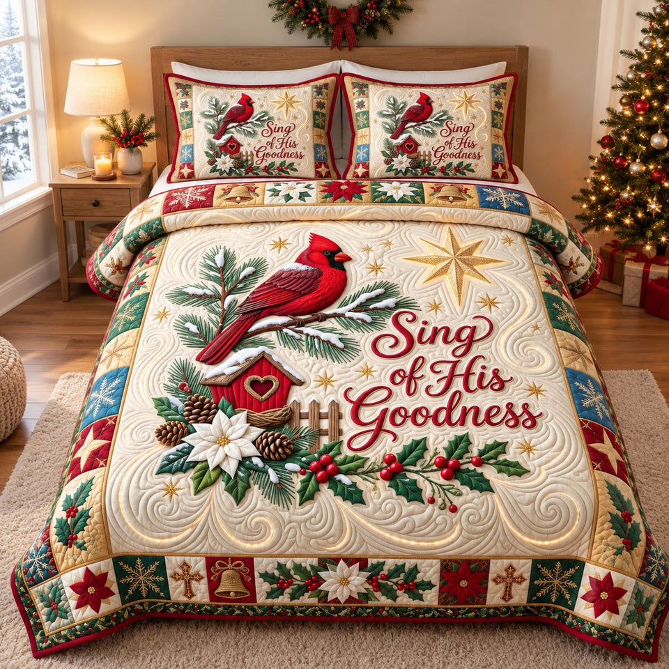 Sing His Goodness quilted bedding set, quilt and two pillow shams on a made bed