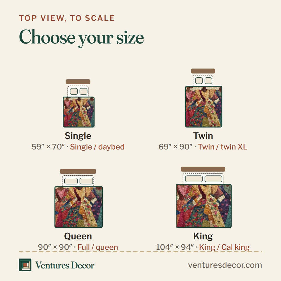 Size guide for the Sister Grace quilt, top view to scale: Single 59 x 70 in, Twin 69 x 90 in, Queen 90 x 90 in, King 104 x 94 in
