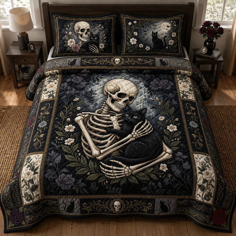 Skeleton Cat quilted bedding set, quilt and two pillow shams on a made bed