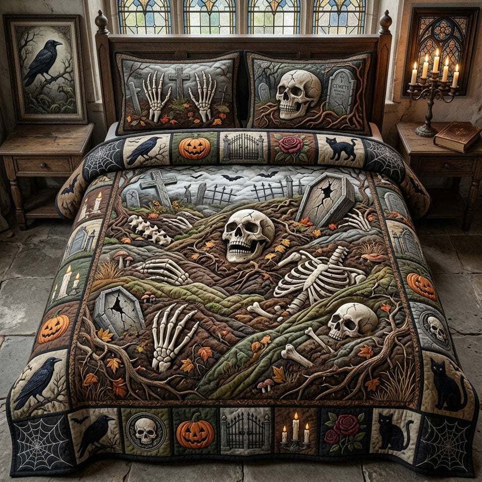 Skeleton Garden quilted bedding set, quilt and two pillow shams on a made bed