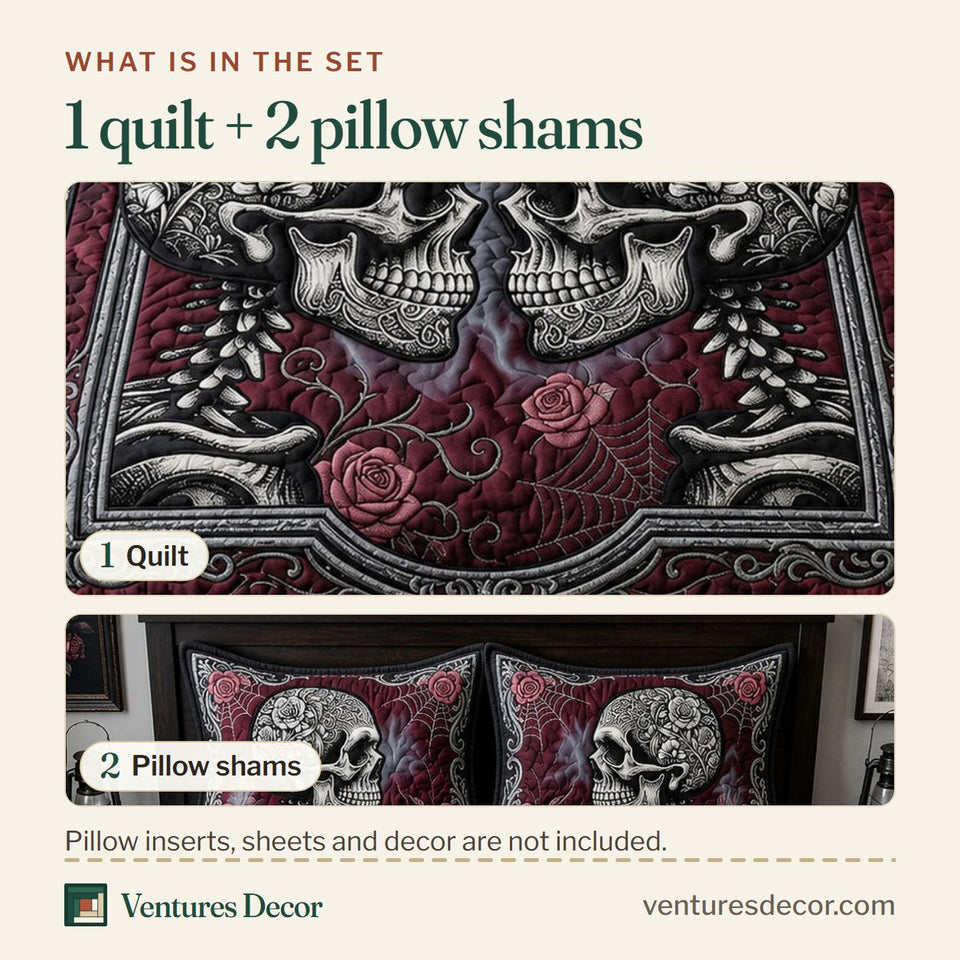 What is in the set: one quilt and two pillow shams, shown in the Skeleton Lovers Dark Romance design