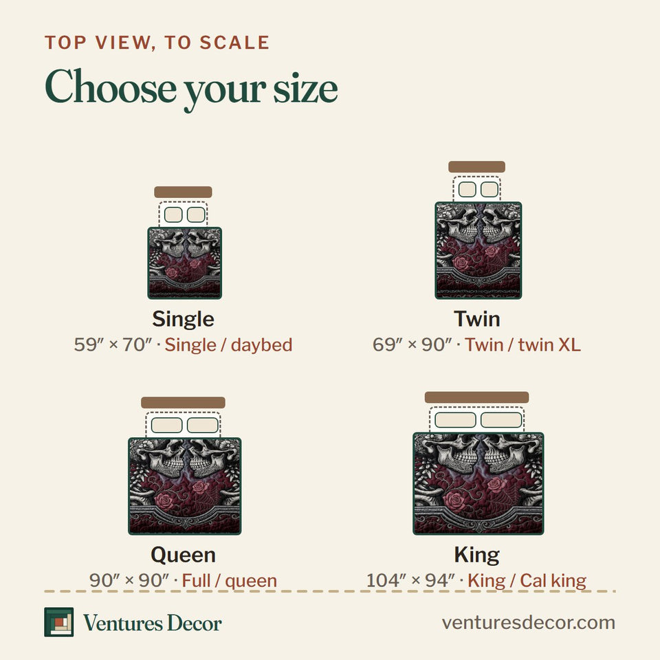 Size guide for the Skeleton Lovers Dark Romance quilt, top view to scale: Single 59 x 70 in, Twin 69 x 90 in, Queen 90 x 90 in, King 104 x 94 in
