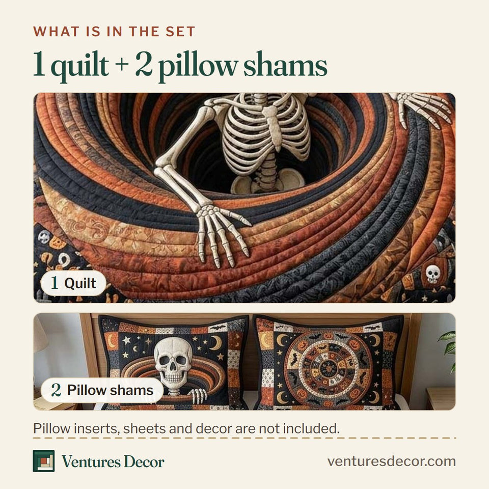 What is in the set: one quilt and two pillow shams, shown in the Skeleton Portal design