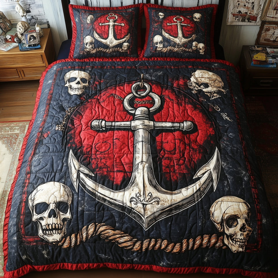 Skull Anchor Bone White on Scarlet Field quilted bedding set, quilt and two pillow shams on a made bed