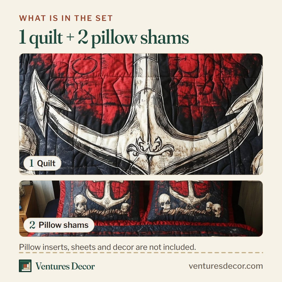 What is in the set: one quilt and two pillow shams, shown in the Skull Anchor Bone White on Scarlet Field design