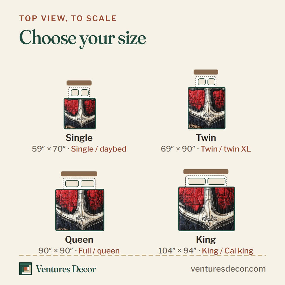 Size guide for the Skull Anchor Bone White on Scarlet Field quilt, top view to scale: Single 59 x 70 in, Twin 69 x 90 in, Queen 90 x 90 in, King 104 x 94 in