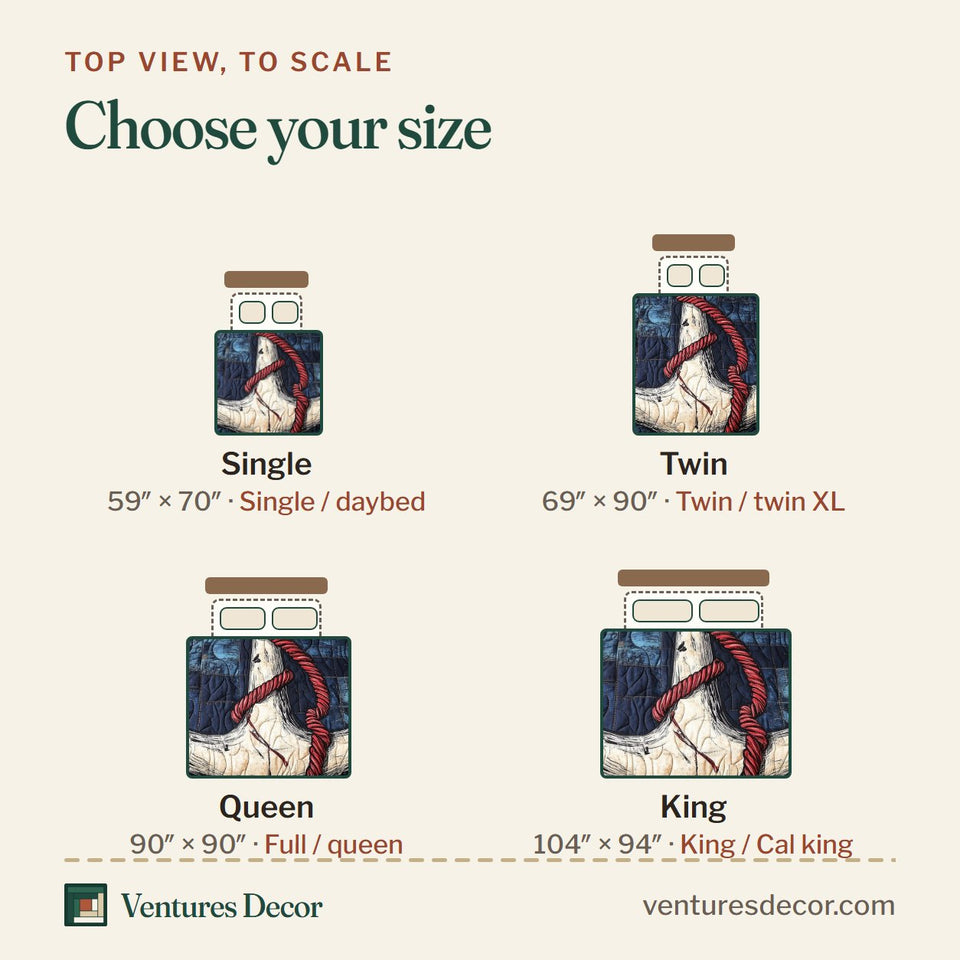 Size guide for the Skull Anchor Ivory Anchor Denim Blocks quilt, top view to scale: Single 59 x 70 in, Twin 69 x 90 in, Queen 90 x 90 in, King 104 x 94 in