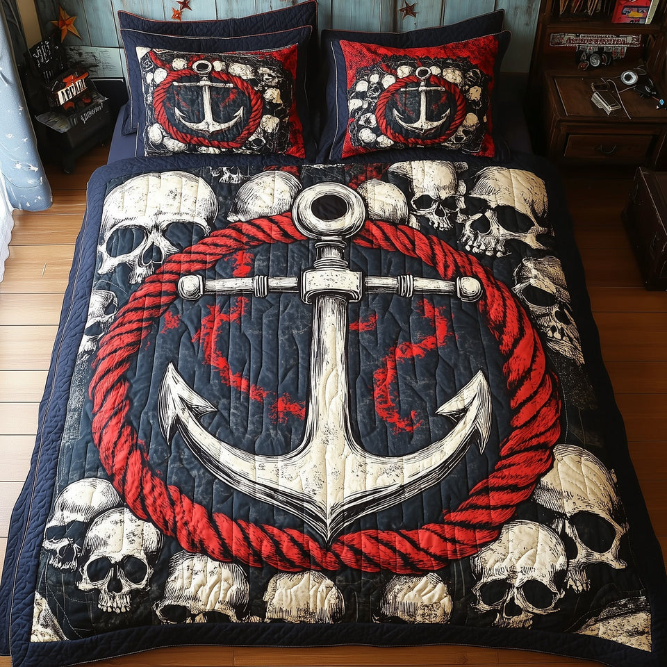 Skull Anchor White Anchor in a Rope Ring quilted bedding set, quilt and two pillow shams on a made bed