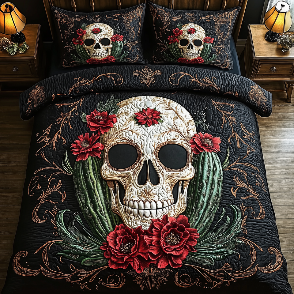 Skull Cactus quilted bedding set, quilt and two pillow shams on a made bed