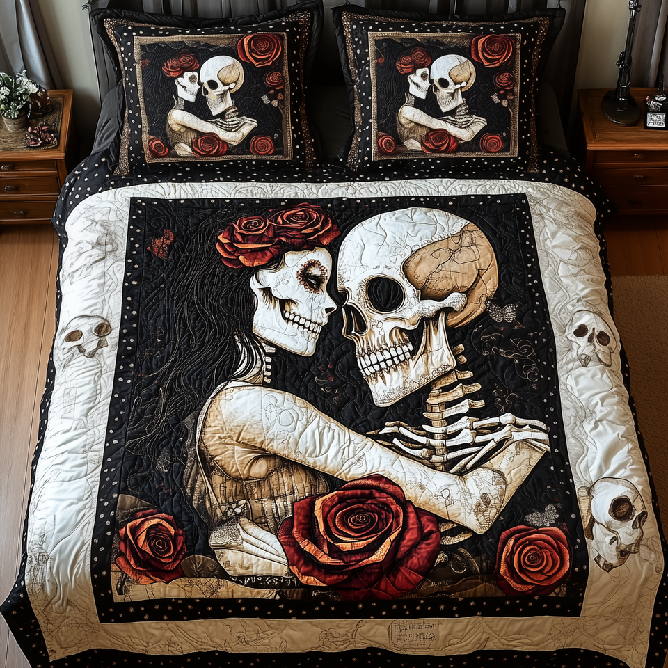 Skull Couple Cream Panel Embrace quilted bedding set, quilt and two pillow shams on a made bed