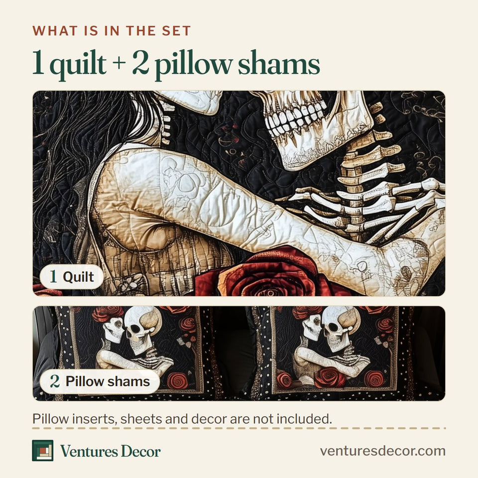 What is in the set: one quilt and two pillow shams, shown in the Skull Couple Cream Panel Embrace design
