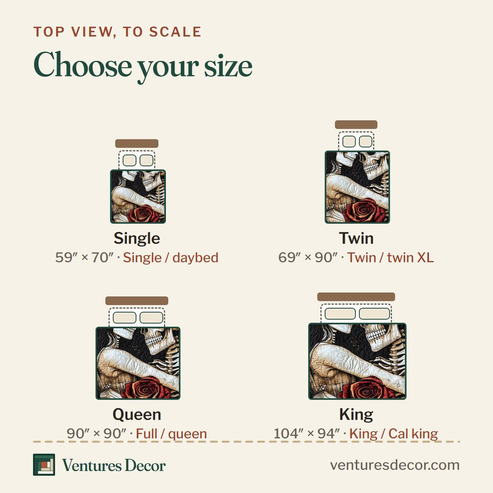 Size guide for the Skull Couple Cream Panel Embrace quilt, top view to scale: Single 59 x 70 in, Twin 69 x 90 in, Queen 90 x 90 in, King 104 x 94 in