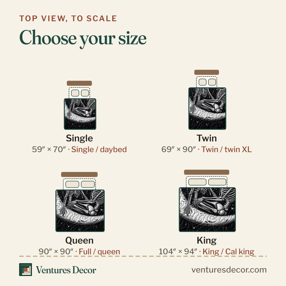 Size guide for the Skull Couple Crescent Moon Stars quilt, top view to scale: Single 59 x 70 in, Twin 69 x 90 in, Queen 90 x 90 in, King 104 x 94 in