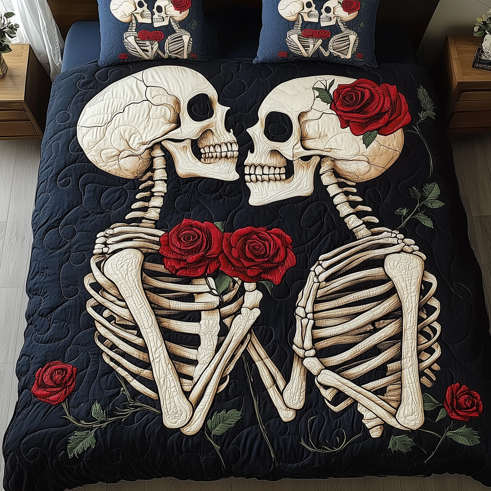 Skull Couple Kissing Skeletons Roses quilted bedding set, quilt and two pillow shams on a made bed