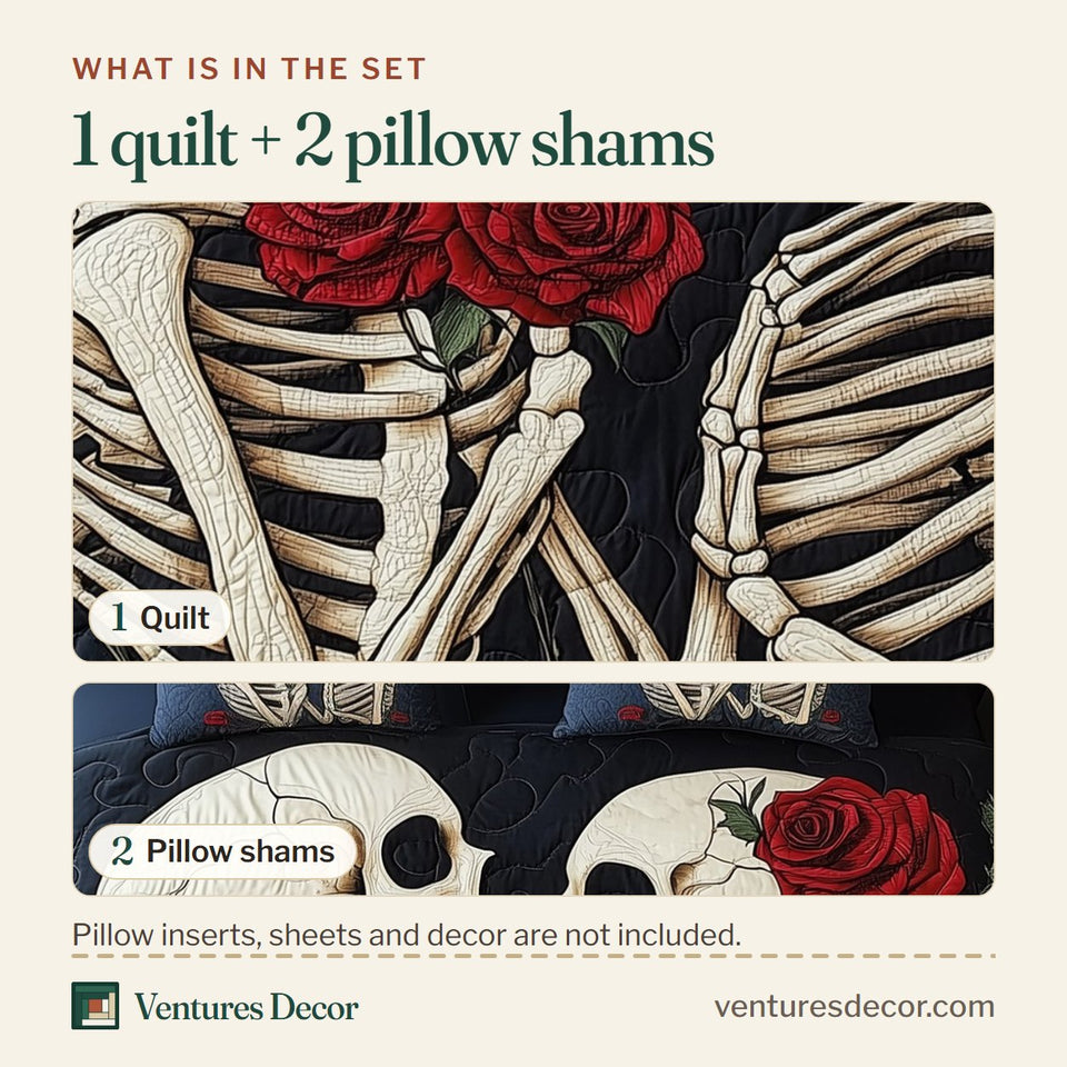 What is in the set: one quilt and two pillow shams, shown in the Skull Couple Kissing Skeletons Roses design