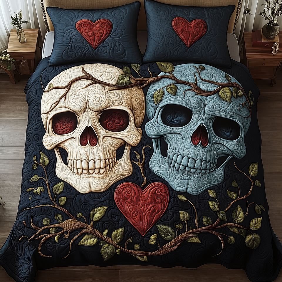 Skull Couple Red Heart Vines quilted bedding set, quilt and two pillow shams on a made bed