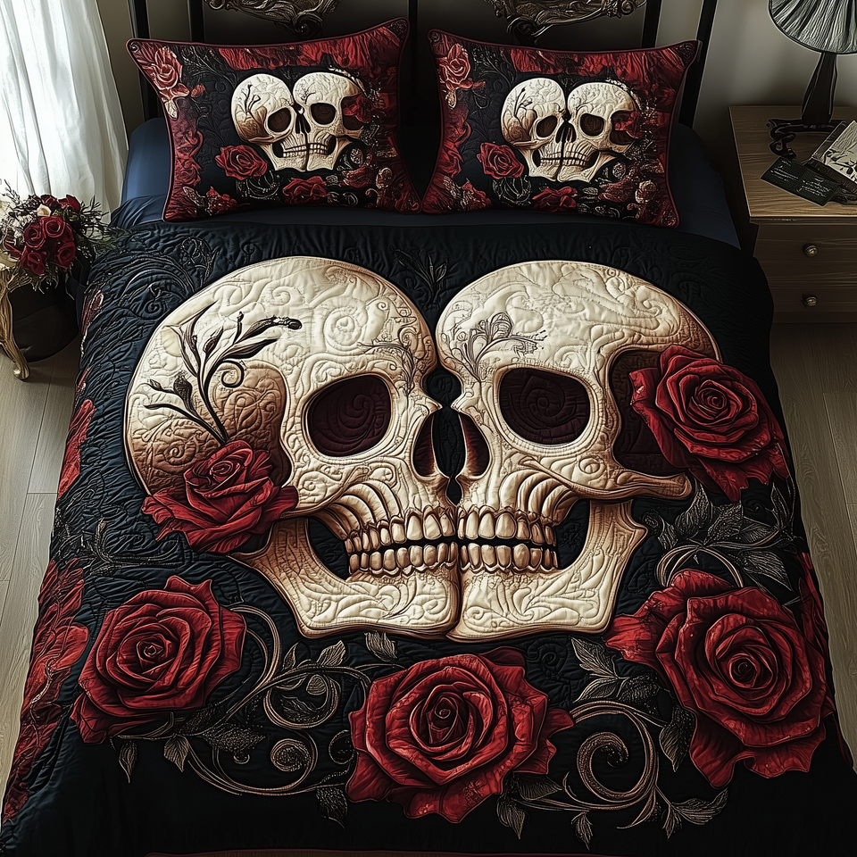 Skull Couple Rose Vow quilted bedding set, quilt and two pillow shams on a made bed