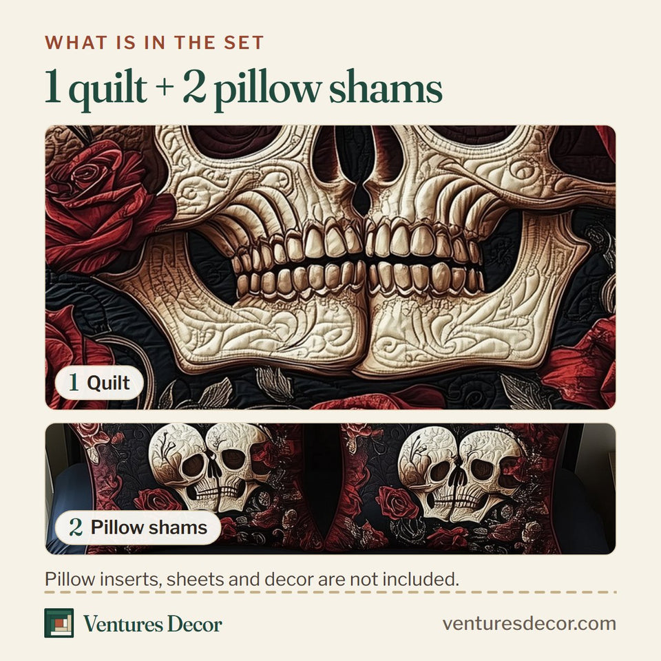 What is in the set: one quilt and two pillow shams, shown in the Skull Couple Rose Vow design